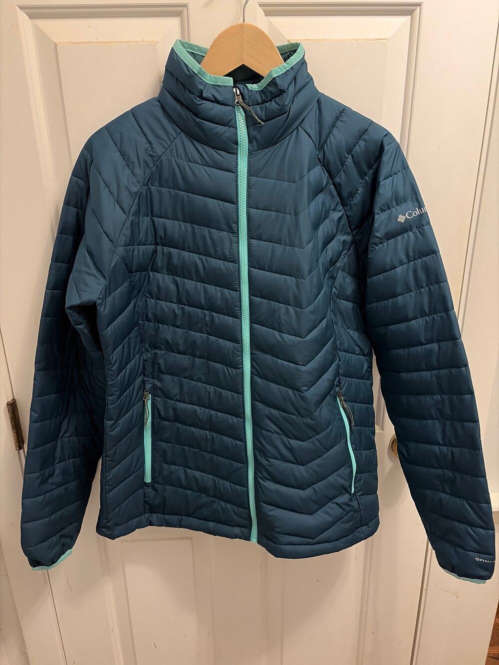 Columbia Blue Teal Puffer Jacket Full Zip Omni Heat Winter Coat Women Size L